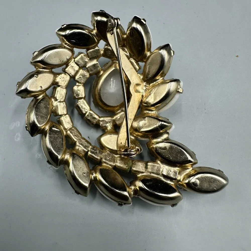 Vintage Milk Glass Rhinestone Brooch Silver Tone Aurora Borealis Swirl Statement